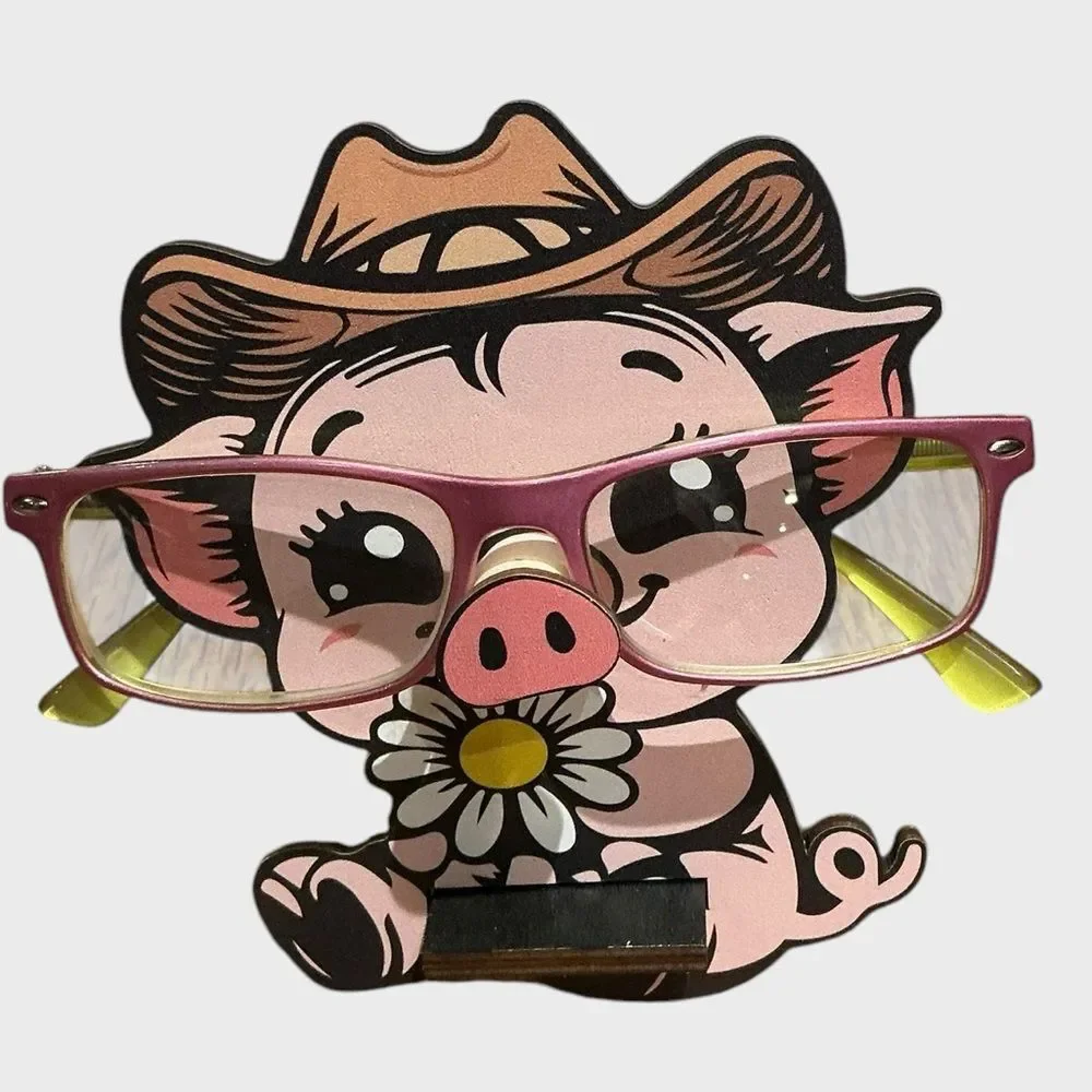 Wooden Pig Eyeglass Holder Stand Glasses Display Desk Organizer NWT